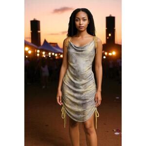 o.p.t Midi Dress Marble Dye Purple Yellow Y2K 90s bodycon Rouched Sides XS